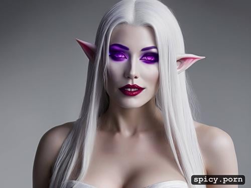 perfect slim albino female elf, long straight white hair, white eyelashes