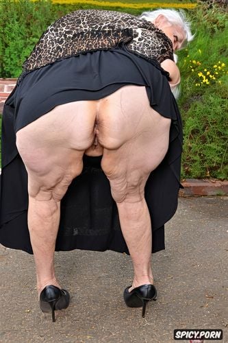 best quality, intricate, huge massive saggy ass, squatting, ass rolled up old slut face face turned sideway white