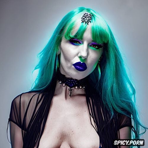 neon rainbow hair with silver stripe, young women face, right eye green