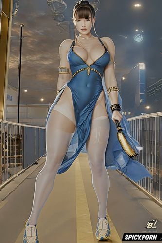 chun li, white panties, subdued color, one hand on hips, fat hips