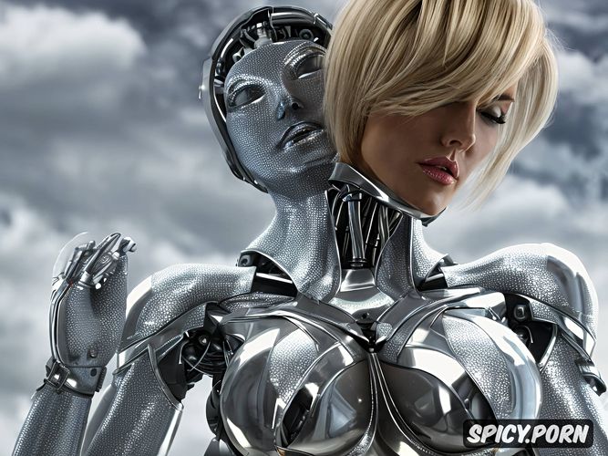 full body view, sexy blonde robot with fully metallic body and huge tits repairing a blonde busty sexbot