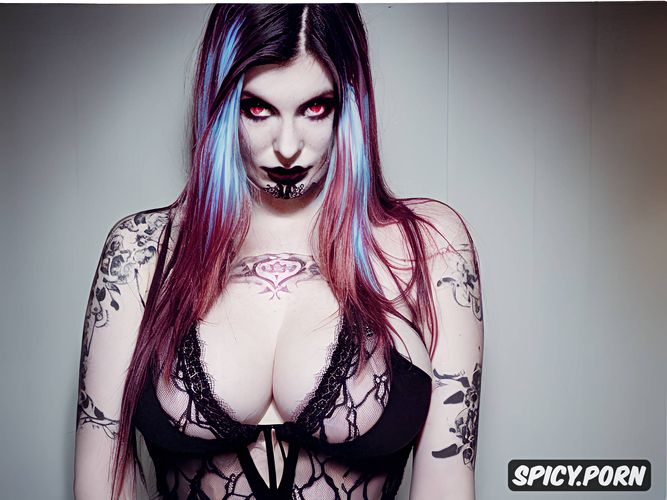 gothic princess, hourglass figure body, black thin tattoos, hair colors are black and red