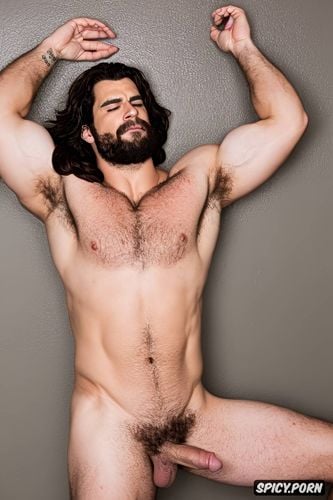 hairy body, armpits, arms up, sexy, male, ultra realistic style 4k live action