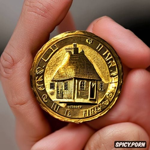 a gold coin with a house struck on it