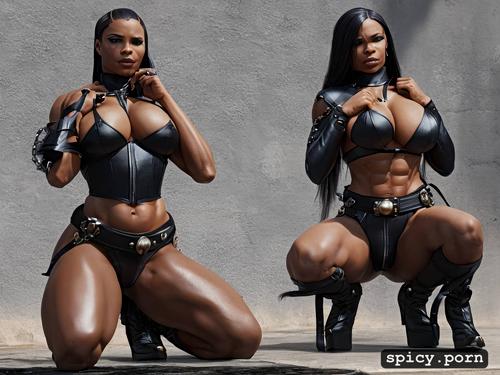 bdsm, wielding a thick, slick bullwhip, plump african female muscle dominatrix dressed in leather