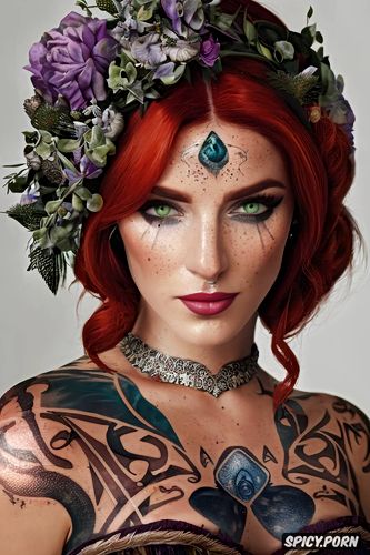 masterpiece, ultra detailed, triss merigold the witcher beautiful face tattoos full body shot