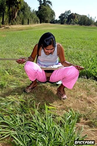 photorealistic, pov of an indian master cornered a female farm worker to forcefully strip her clothes reveling her vagina