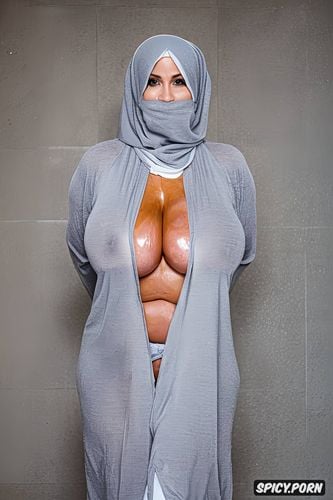 half body shot, massive boobs, minimalist photography, totally naked in only hold ups hijab