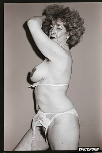 granny, pale, curly wig, hairs on tits, saggy, cellulite, hairy tits