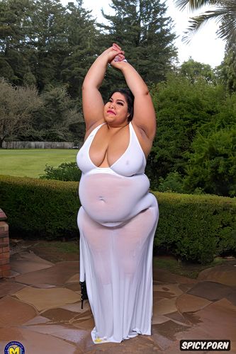 huge flabby belly, flat chest, ssbbw hispanic woman in a white and tight night gown