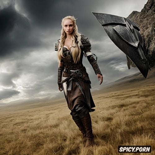 warrior woman, gorgeous face, shield, blonde hair, viking woman