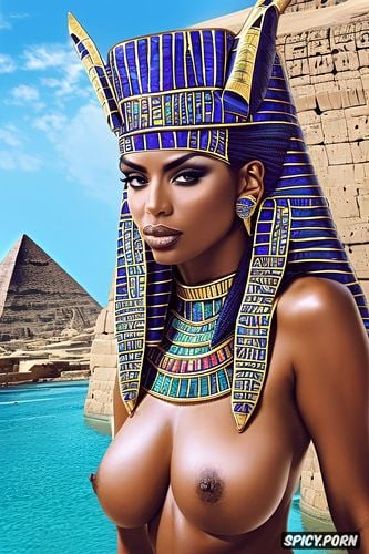 abs, femal pharaoh ancient egypt egyptian pyramids pharoah crown royal robes beautiful face topless