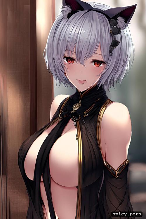 ultra detailed, highres, white short hair, 19 yo, cat ears, perky breasts