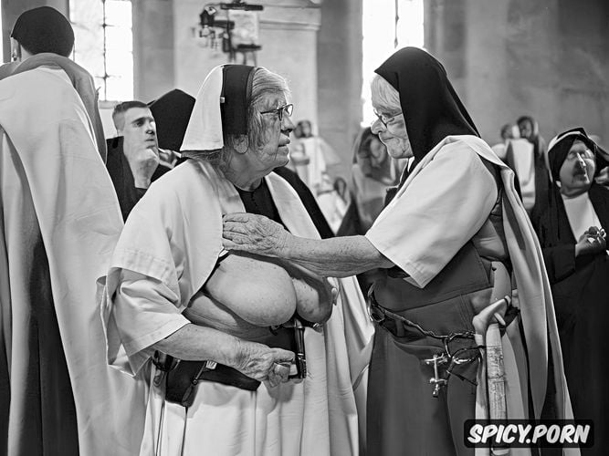 priest, nun, wrinkly detailed hands holding dick, church choir