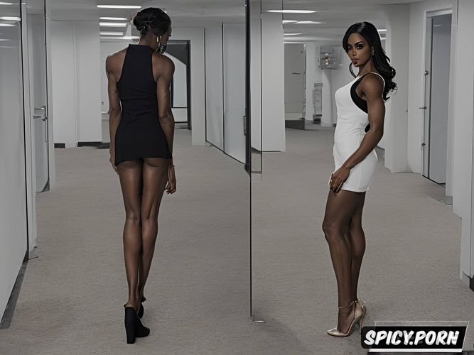 standing, great legs, perfect body, dark skin, woman fills frame