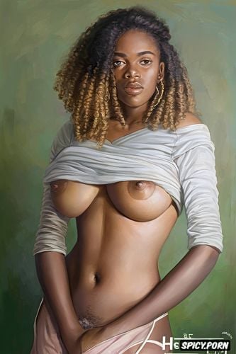 puffy pink nipples, youngest, full body in frame, nude, afro hair