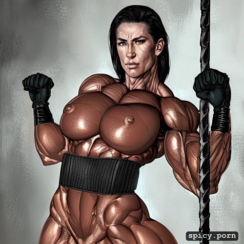 perfect face, nude muscle woman breaking thick ironbars, ultra detailed