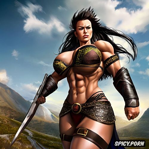 woman wielding anchient weapon, mohawk hairstyle, babe, barefooted