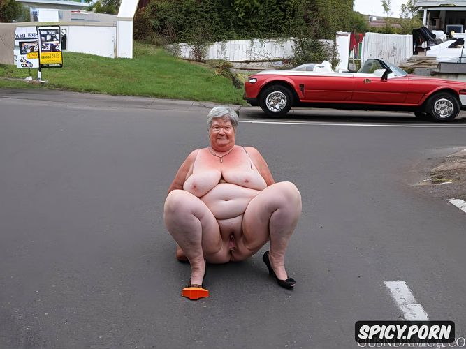 busty ssbbw granny riding a traffic cone in her pussy in middle of day traffic public