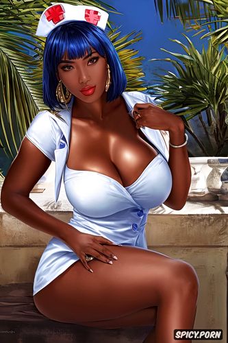 carnaval, blue hair, long legs, ebony woman, huge boobs, nurse
