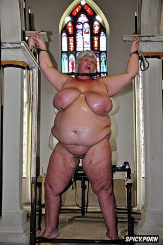 open mouth, hanging, bondage, pierced nipples, stained glass windows