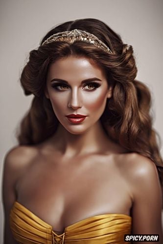 long soft brown hair, beautiful face portrait, flowing low cut pale yellow ballgown