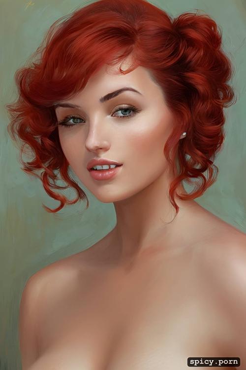 red hair, european babe, cute face, natural figure body, natural big tits