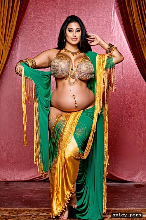 color image, barefoot, performing bellydancer, smiling, full front view