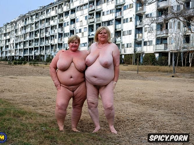 worlds largest most saggy breasts, standing straight in east european high apartment concrete buildings populated streets large view with people in backround