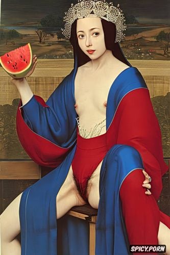 wearing red tunic, brown hair, thai woman eating watermelon