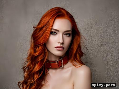 long wavy red orange hair, perfect beauty 18 yo, naked except collar