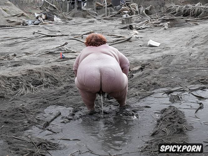 in mud pit, short red hair, cellulite pregnant nude pissing