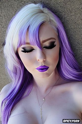 red painted lips, long face, white lady, purple hair, thick eyebrows