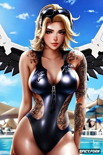 tattoos masterpiece, k shot on canon dslr, ultra detailed, mercy overwatch beautiful face young tight low cut black one piece swimsuit