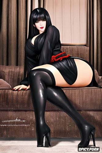 shiny, soft black lips, seducing, and massive big juicy thousand cc breasts with perky hard nipples that are peaking through the kimono kuro wears black a pitch black kimono that slightly covers her oiled curvy divine body her shoes are long