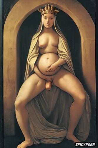 renaissance painting, virgin mary nude, crown radiating, wide open
