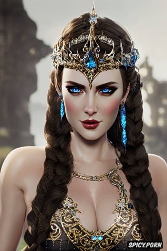 soft blue eyes, k shot on canon dslr, fantasy princess, long soft dark black hair in a braid