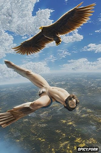 long legs, fat thighs, flying eagle, blue sky, flat chest flying jewish teen flying in the sky