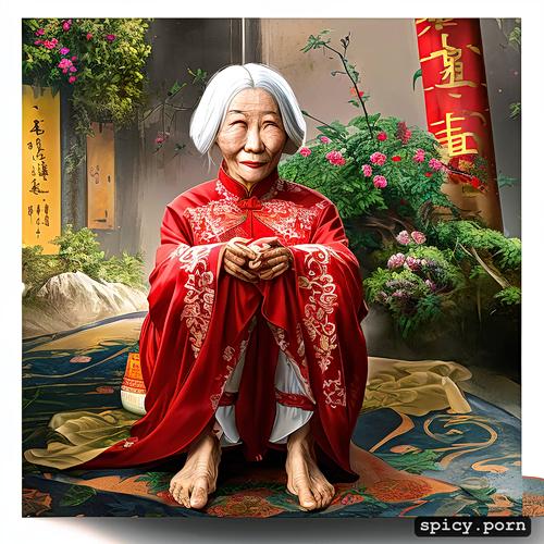 80 years, spread leg and hold feet over head, white hair, chinese granny