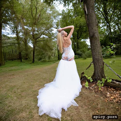 beautiful woman, long legs, front view, torn wedding dress, blonde