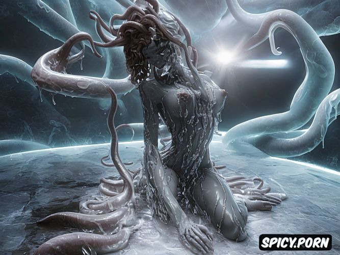 tentacle restrained woman, no morphing arms, dark skin, ultra detailed