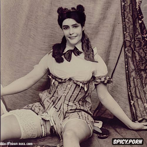 antique victorian colorized picture, brunette pigtails, wearing tiara and sexy gingham romper