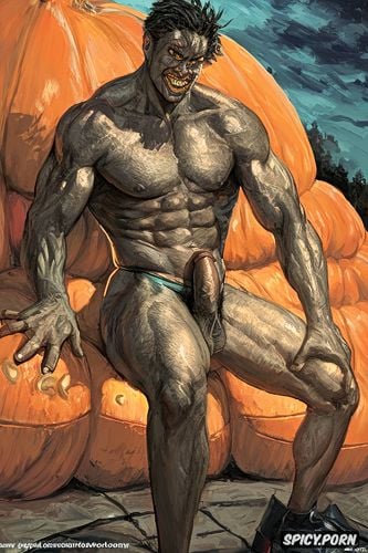 hot muscular man wearing a halloween mask showing big huge erect penis sitting down squatted legs