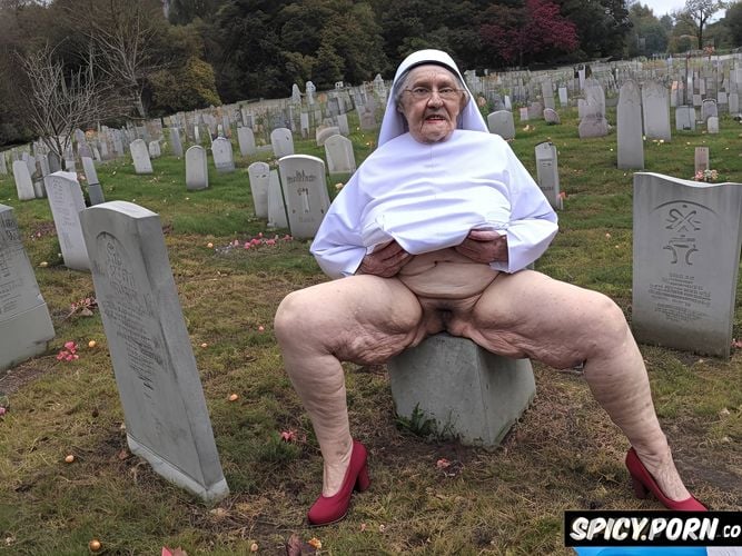 obese nun, grey hair, vaginal gape, cemetery, ninety, point of view