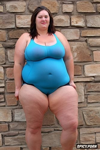 camel toe, realistic anatomy, topless, spandex yoga shorts, large fat belly