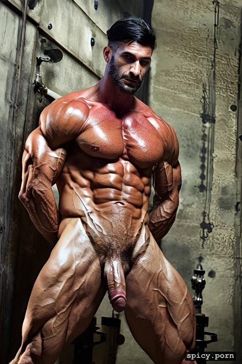 brown hair, muscular body, naked, erection, solid colors, abs