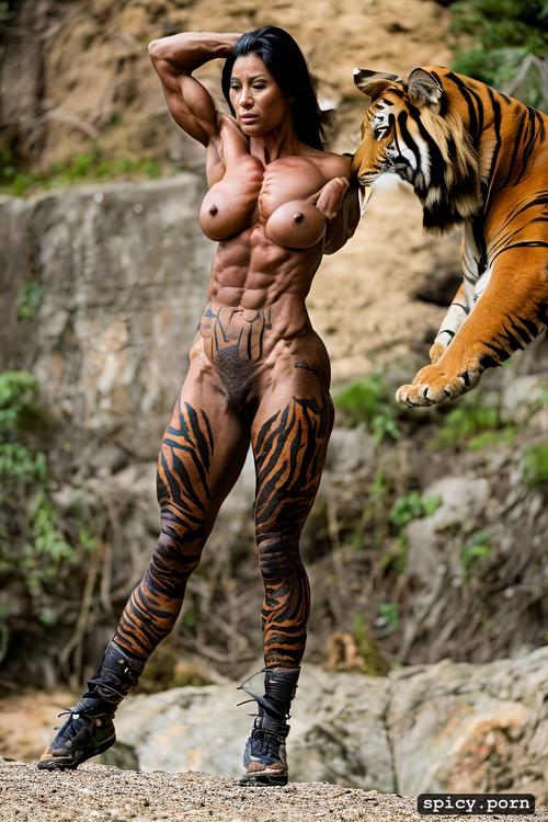 bound, female strenght, ultra detailed, crush chains, nude muscle woman fight a tiger