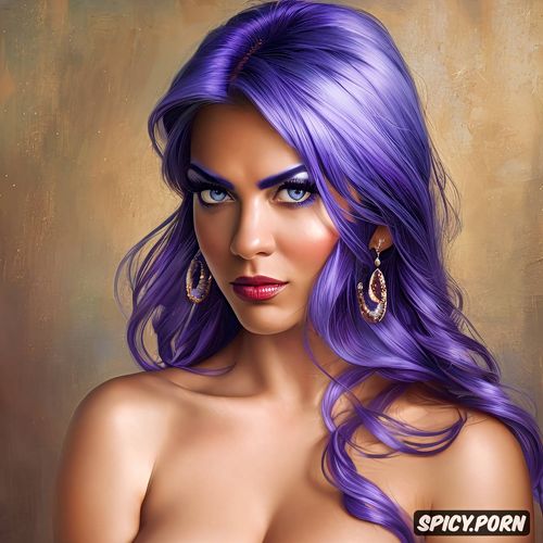 angry face, blue and purple hair, long hair, persian woman, big breasts