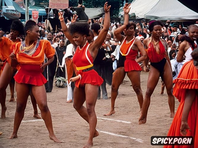 full body photo, africa field, nude women, spectators, crowd