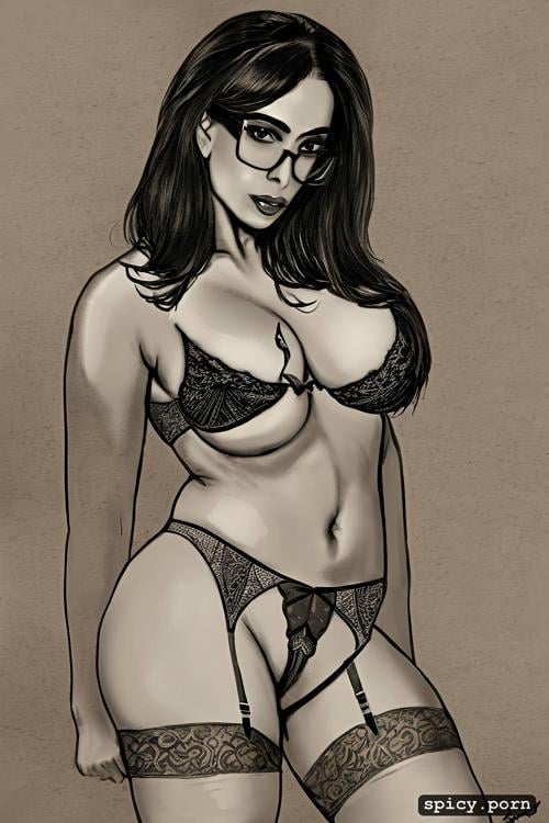 cum on bra, with short dark hair, and bangs, and glasses in lingerie